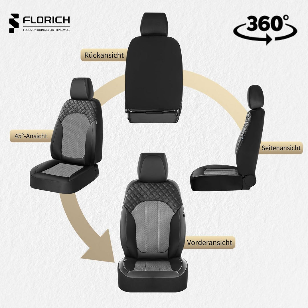 FLORICH Autositzbezüge Komplettset Vordersitzbezüge, PU Leder Air-Mesh Sitzbezüge Atmungsaktiver Sit