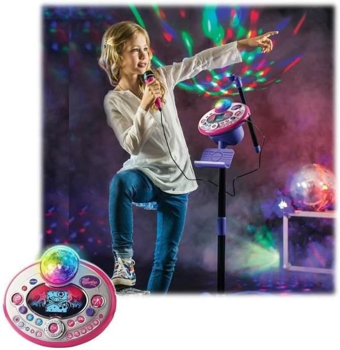 VTech Kidi Superstar LightShow Rosa, Standmikrofon, 8-in-1, Karaoke-Mikrofon für Kinder mit Discokug
