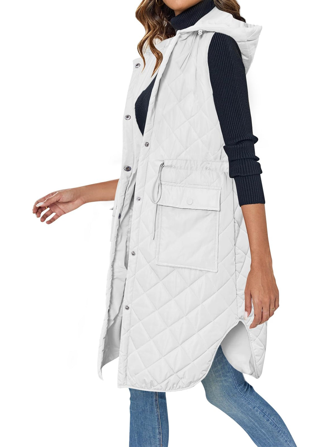 Wenrine Damen Weste Lang Ärmellose Winter Steppweste mit Kapuze und Taschen Casual S Weiss, S Weiss