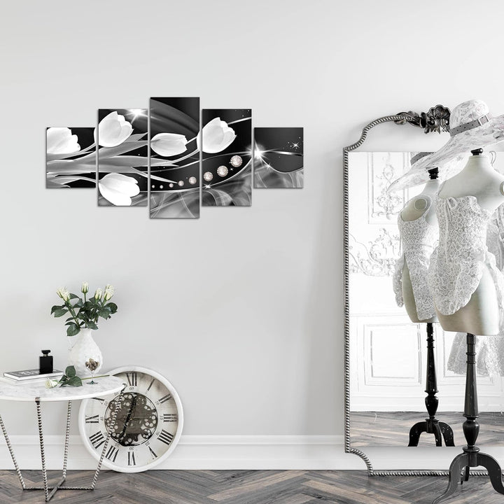 Runa Art Wandbilder Blumen Tulpen 5 Teilig Bild auf Vlies Leinwand Deko Wohnzimmer Abstrakt Schwarz