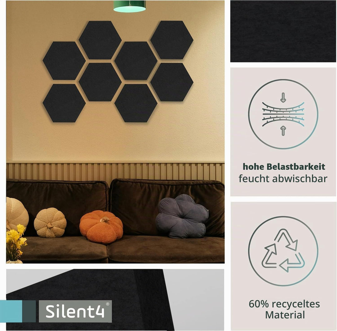 SILENT4® Schallabsorber Wand Set HEXAGON, 8 Elemente aus Akustikvlies, Klebemontage, Akustikbild Sch