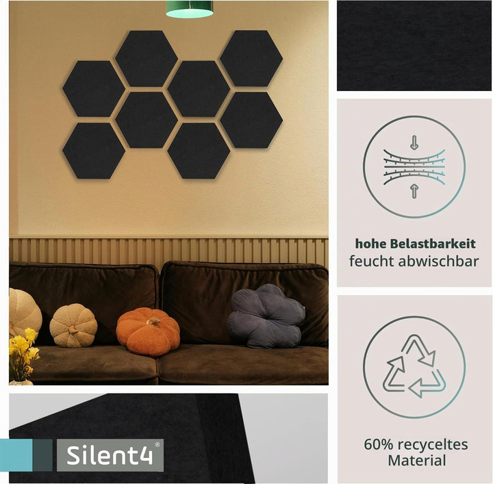 SILENT4® Schallabsorber Wand Set HEXAGON, 8 Elemente aus Akustikvlies, Klebemontage, Akustikbild Sch