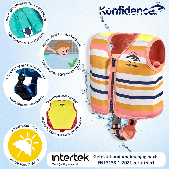 Konfidence Schwimmweste – Premium-Schwimmjacke mit abnehmbarem Sicherheitsgurt für Kinder | Einstell