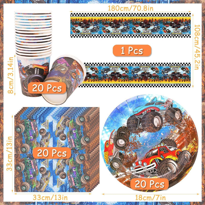Monster Truck Geburtstag Geschirr Set, Auto Party Deko Set Einschliesslich 20 Teller, 20 Becher und