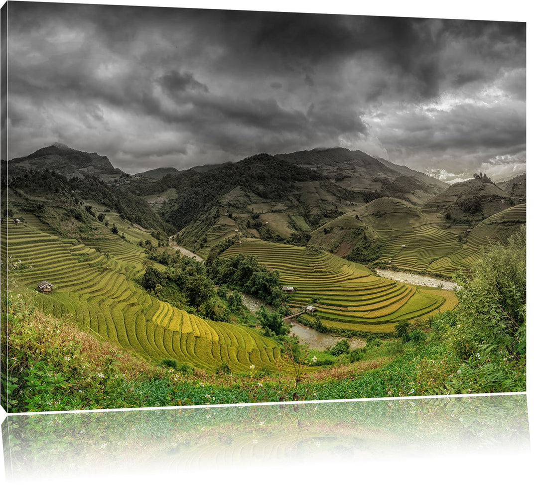 Pixxprint eine Berg Farm in Asien als Leinwandbild/Grösse: 100x70 cm/Wandbild/Kunstdruck/fertig besp