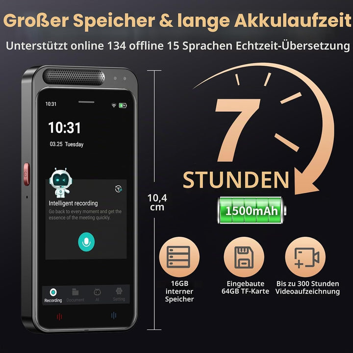 Digitales Diktiergerät Aufnahmegerät mit KI Schreibfunktion und Zusammenfassen,Übersetzung Online Of