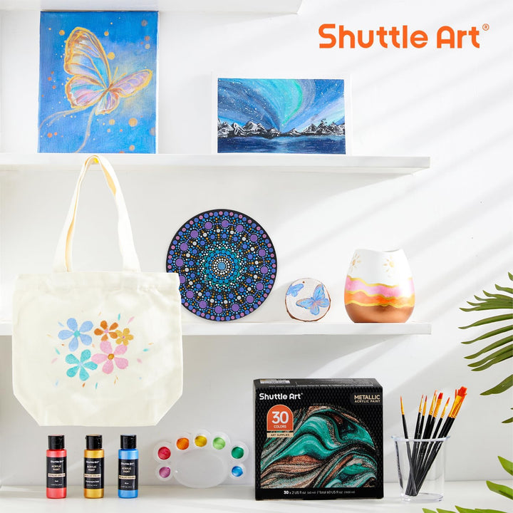 Shuttle Art Metallic Acrylfarben Set, 30 bunte Acrylfarben Metallic in Flaschen (60 ml), 10 Pinsel,