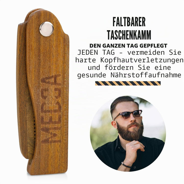 Faltbarer Holzkamm – 100% massives Buchenholz – feine Zähne im Taschenformat für Bart, Schnurrbart,