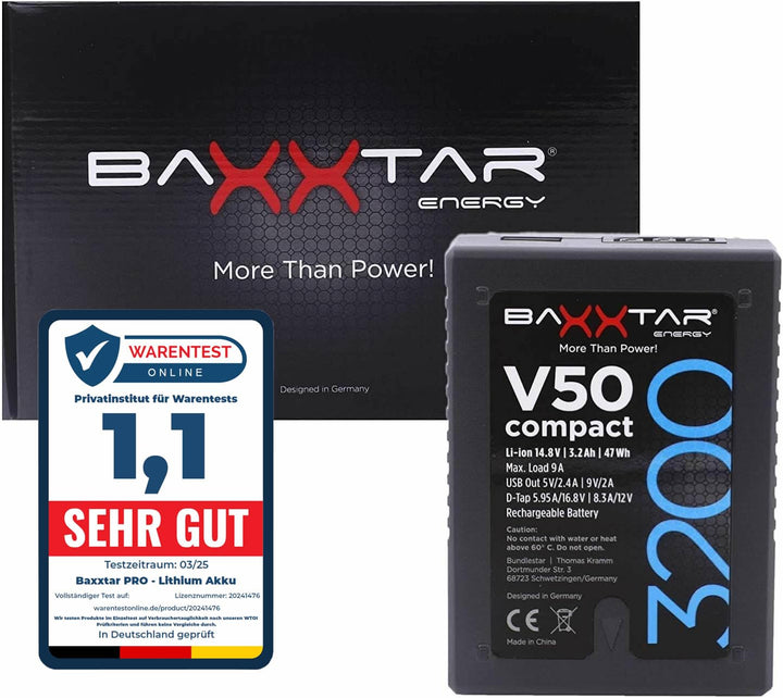 Baxxtar 47Wh V-Mount Akku V50 compact III - LG Cells Inside (echte 3200mAh) - mit D-Tap und Powerban