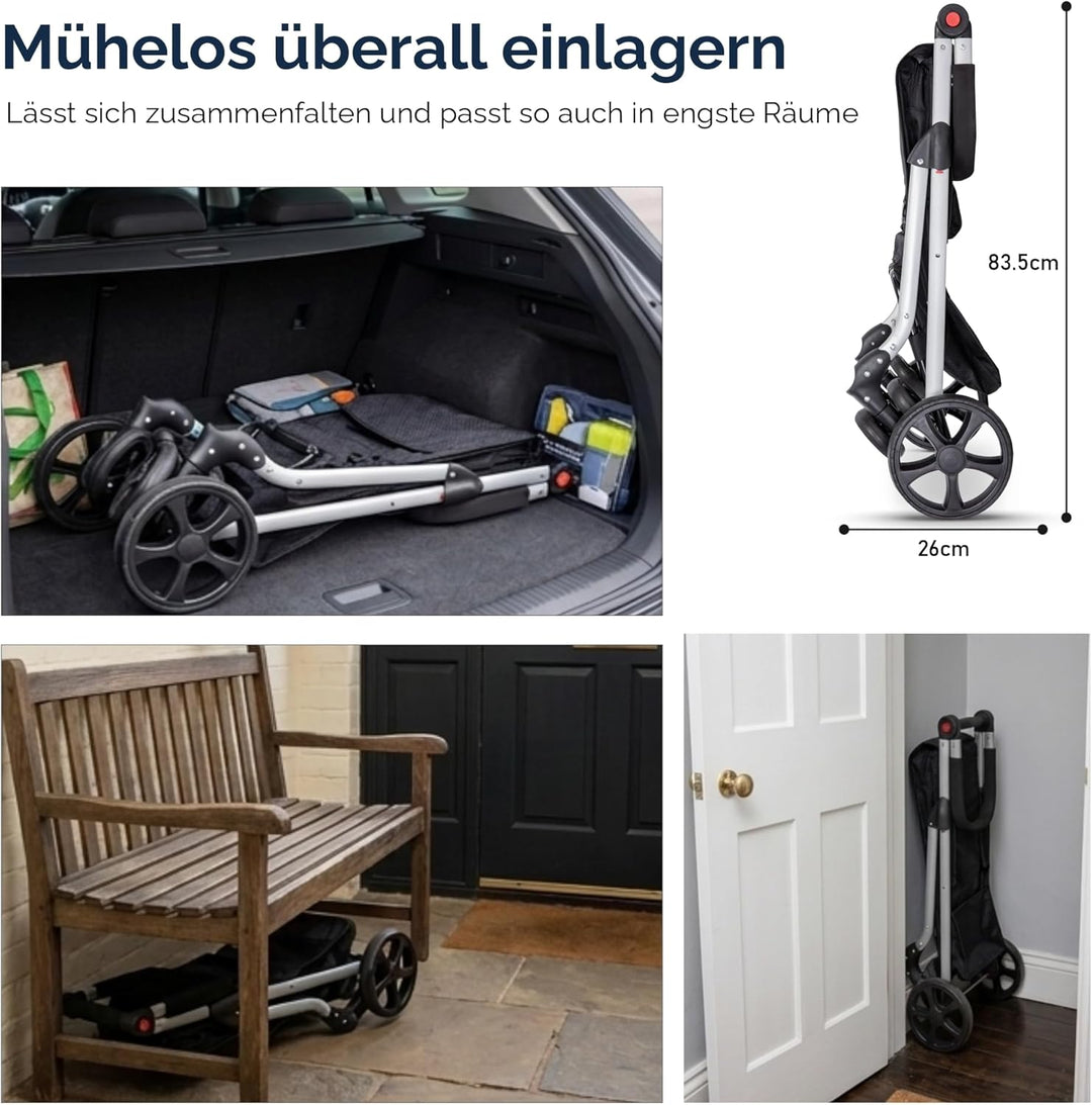 Hoppa – Einkaufstrolley | Grosser 74L klappbarer Einkaufswagen | Leichter 6-Räder-Trolley mit 5 Tasc