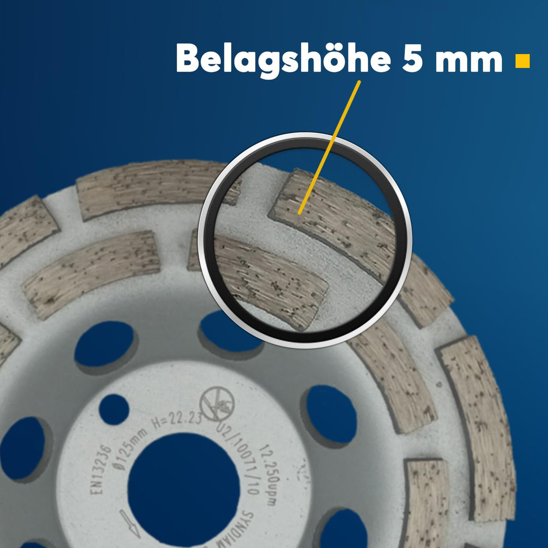 EDW Diamant-Topfschleifer Schleiftopf, doppelreihig, 125 mm, Schleifteller, Bohrung 22,2 mm, für Bet