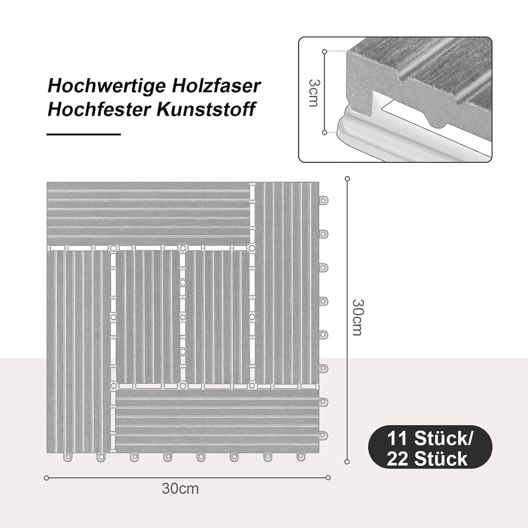 Laneetal 22 Stück WPC Fliesen Terrassenfliesen Klickfliesen Zuschneidbar, Balkon Bodenbelag mit Stec