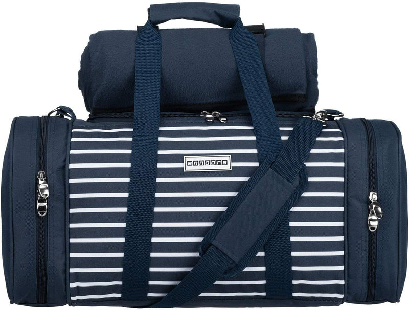 anndora Picknick Kühltasche inkl. Picknick Decke Geschirr Besteck für 4 Personen blau weiss gestreif