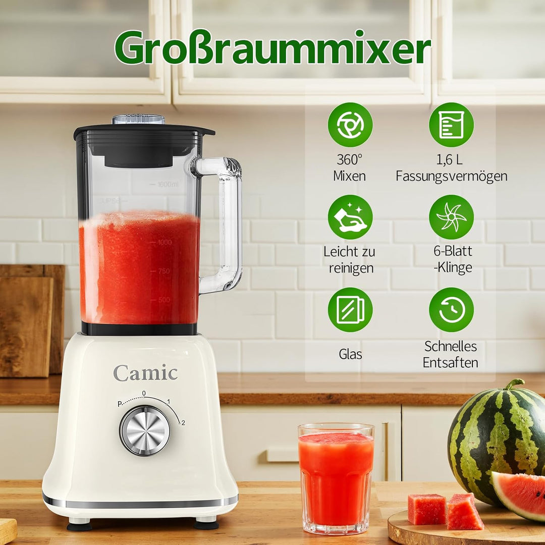 Camic Standmixer 1200W Hochleistungsmixer 3-in-1 mit 1,6L Glasbehälter Mixer & 400ml Reisebecher & 2