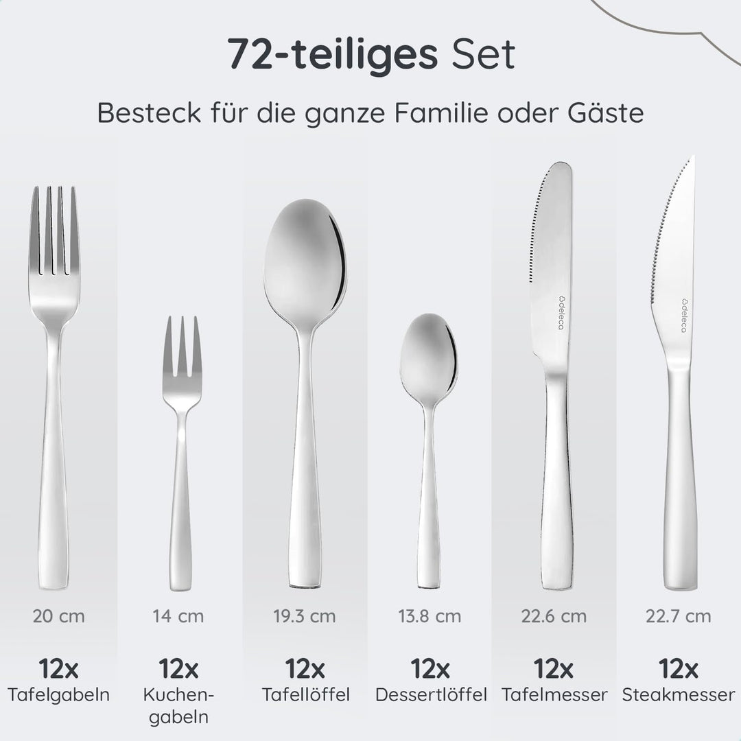 Besteckset 12 Personen, 72-teilig, Edelstahl 18/0 Silber, spülmaschinenfest und rostfrei, Tafelbeste