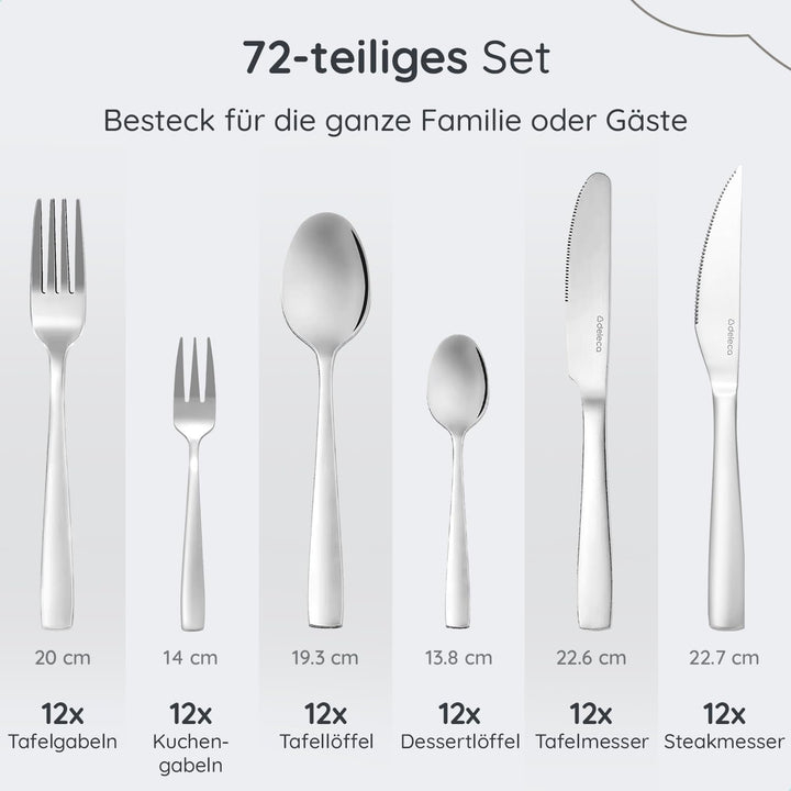 Besteckset 12 Personen, 72-teilig, Edelstahl 18/0 Silber, spülmaschinenfest und rostfrei, Tafelbeste