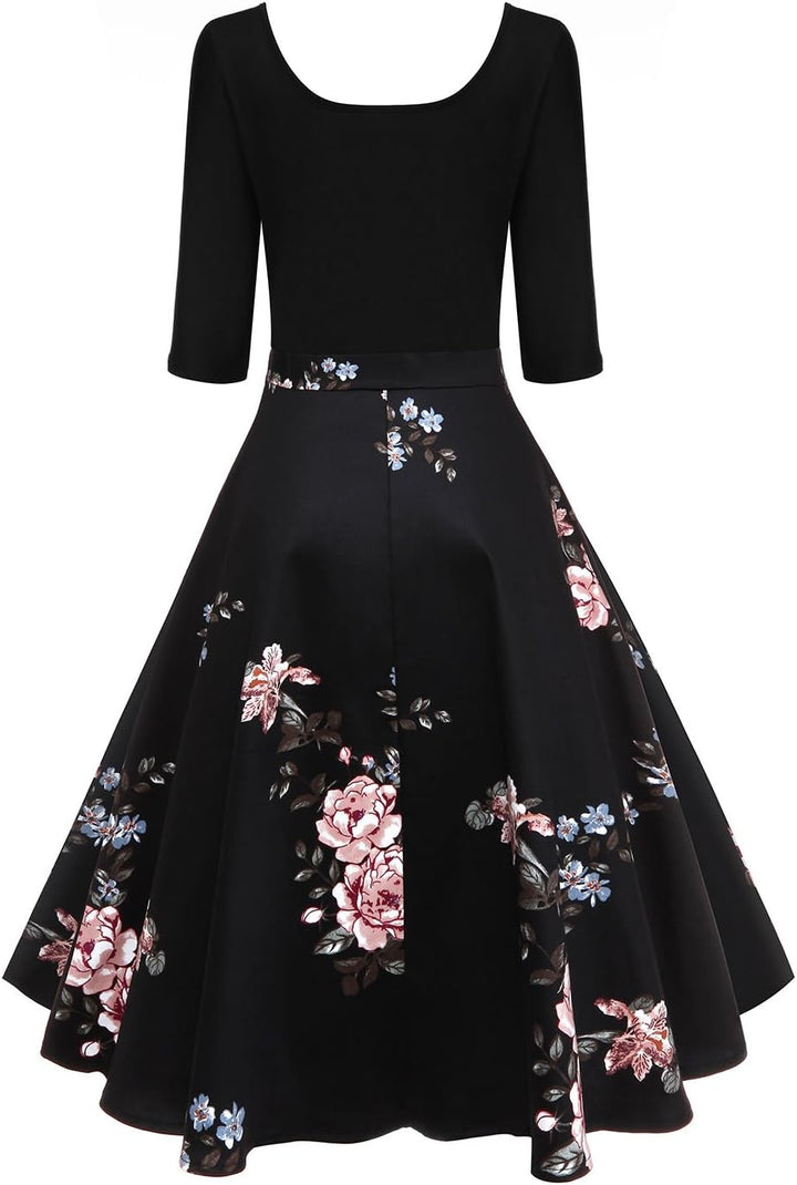 Damen A-Linie Kleid 60er Jahre Rockabilly 3/4 Ärmel, Farbe 4 XXL
