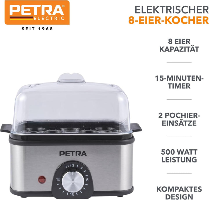 Petra Elektrischer Eierkocher – Kapazität für 8 Eier, Eier kochen und pochieren, weich-, mittel- und
