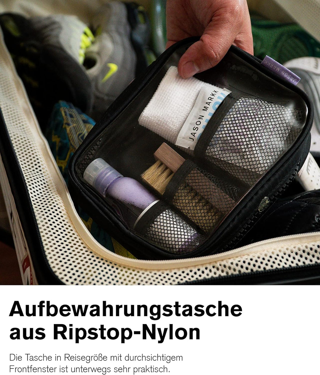 Jason Markk Reise Schuhreinigungsset - 2oz/59ml Premium Schuhreiniger, Mini Premiumbürste, 23cmx23cm