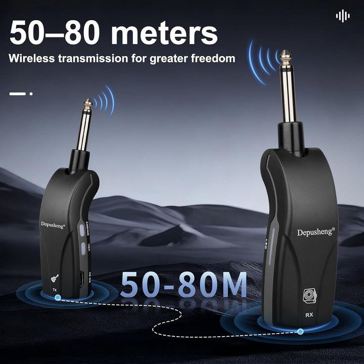Depusheng GT1 2,4 GHz Drahtloses Gitarrensystem, Stummschalt-Stecker, Empfanger + 2 Sender, 10h Akku