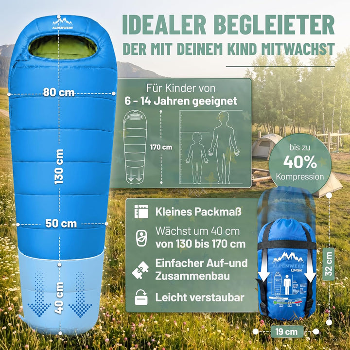 ALPENWERT® Kinderschlafsack Sommer – wächst mit! [130–170cm] – Nur 920g, Kompakt [32×19cm] – Perfekt