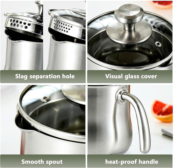 Milchtopf Induktion mit Glasdeckel 14 cm, Milchkochtopf, Simmertopf 2L, Doppelwandig Milchtopf Edels