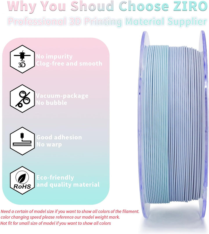 ZIRO 3D Drucker Filament, Matte PLA Filament 1.75mm, Multicolor Regenbogen PLA Filament, 1KG/2.2lb,