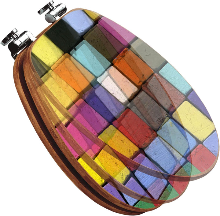 banjado® Design WC Sitz Bambus Absenkautomatik mit Motiv Bunte Kreide/Toilettendeckel mit Absenkauto