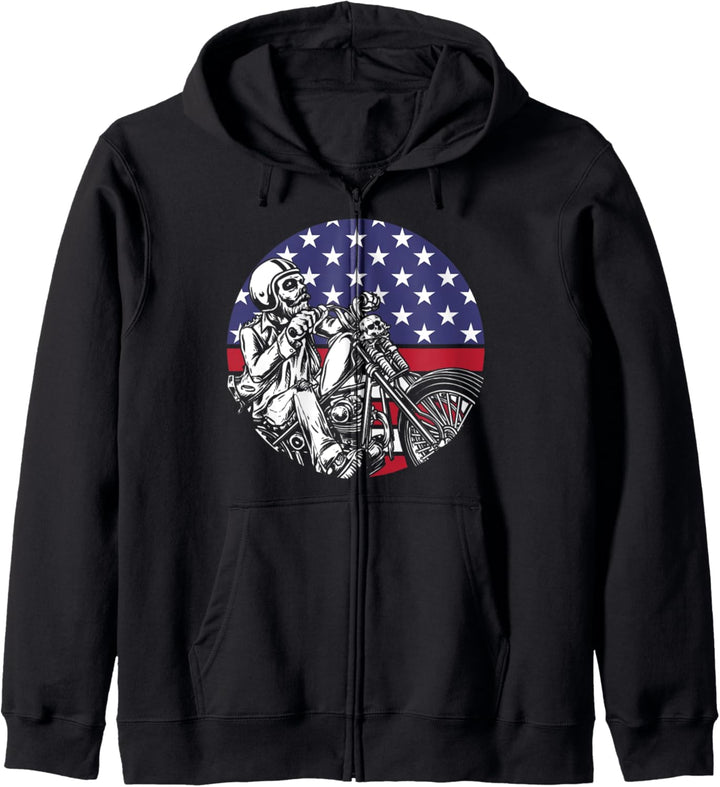 Skeleton Biker Motorrad Kreis Amerikanische Flagge Kapuzenjacke