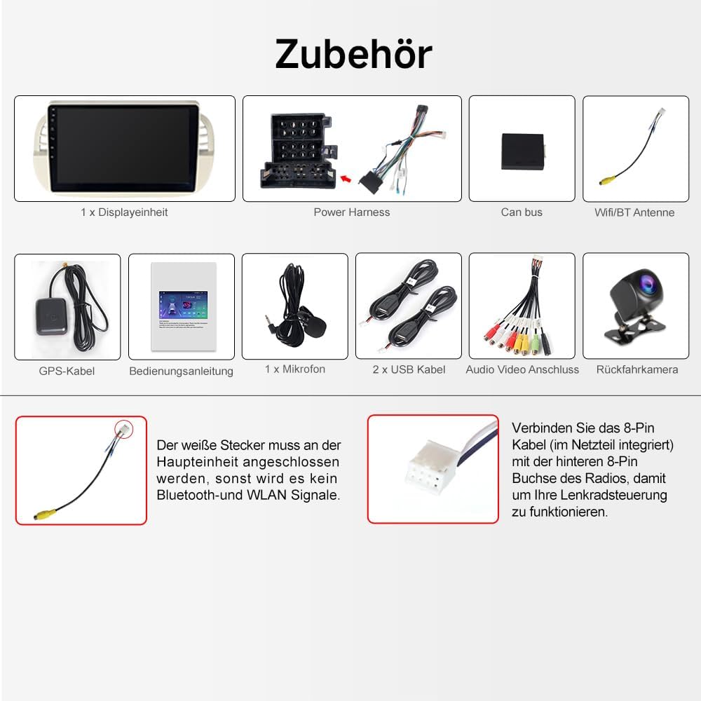 Autoradio für FIAT 500 500C 2007-2015, 9 Zoll Android 15 Octa-Core 4+64GB Bluetooth Autoradio mit Na