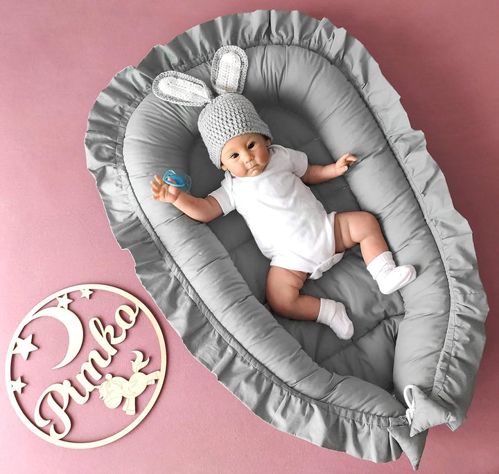 PIMKO Babynest mit rüschen Babynestchen für Baby Kuschelnest Babykokon für Säuglinge und Neugeborene