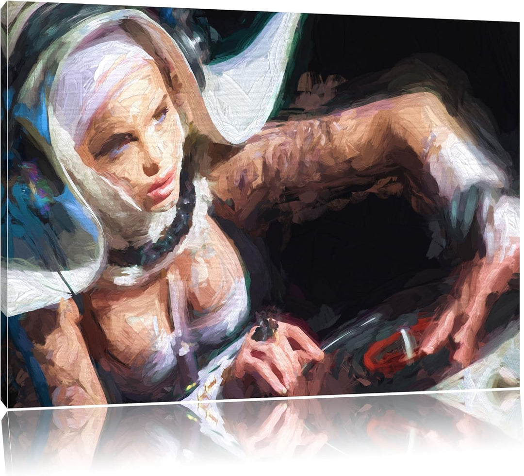 Pixxprint Tätowierte DJ Frau als Leinwandbild/Grösse: 100x70 cm/Wandbild/Kunstdruck/fertig bespannt,