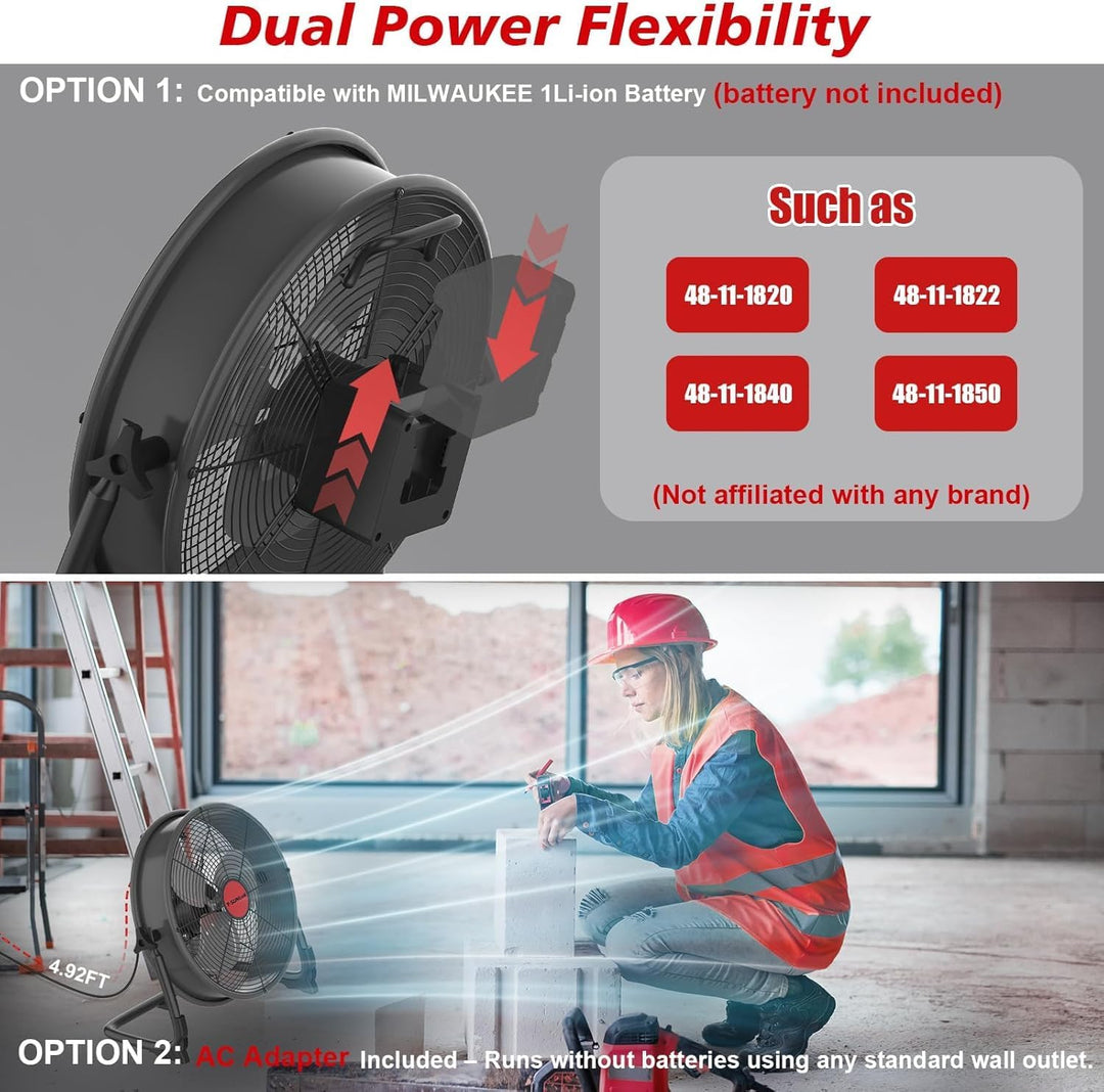 Akku Bodenventilator kompatibel mit Milwaukee 18V Akku, 12 Zoll Kabelloser Ventilator Leise, Netztei