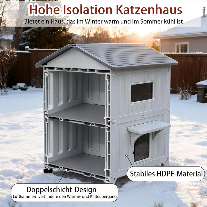 Katzenhaus Outdoor, Zweistöckiges Wetterfestes Katzenunterschlupf aus HDPE-Kunststoff mit Fluchttür,