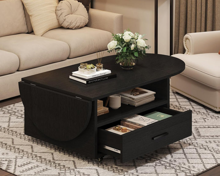 IBF Klappbarer Couchtisch mit Stauraum Holz Oval Wohnzimmer Tisch mit Schublade Modern Ausziehbarer
