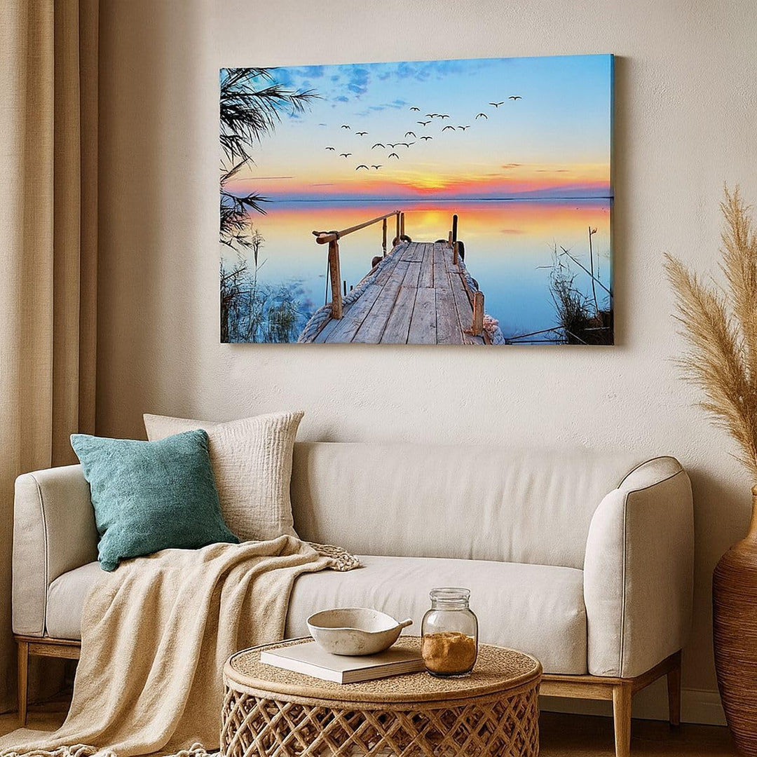 ARTTOR Bilder auf Leinwand 100x70cm Leinwandbild mit Rahmen Brücke See Gross Wanddeko Bild Schlafzim