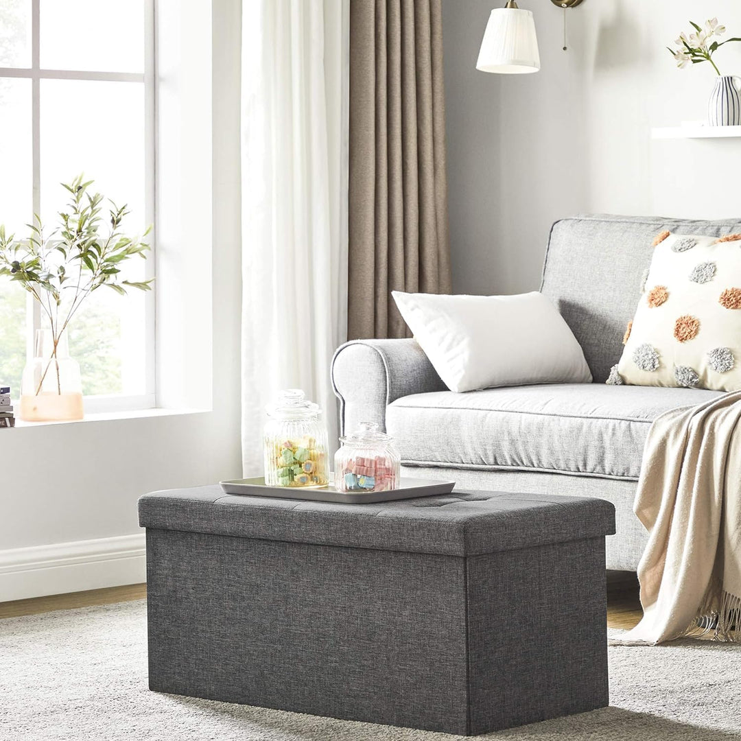 SONGMICS 76 cm Sitzbank mit Stauraum, klappbare Sitztruhe, Aufbewahrungsbox, Fussbank, dunkelgrau LS