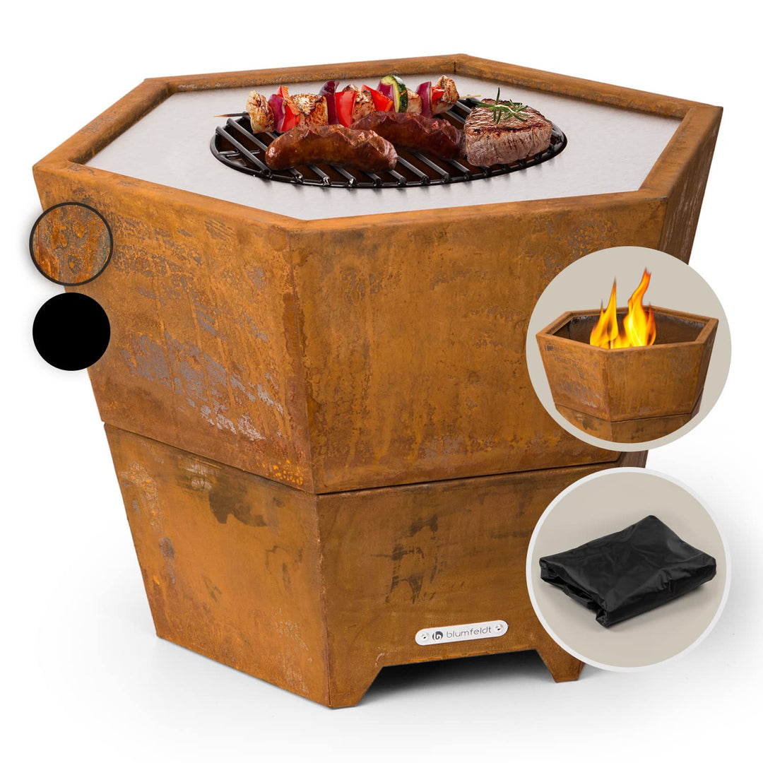 Blumfeldt Feuerschale mit Grillrost, Outdoor Stahl-Feuerschale Gross für Balkon & Camping, Mobile Fe