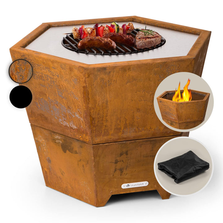 Blumfeldt Feuerschale mit Grillrost, Outdoor Stahl-Feuerschale Gross für Balkon & Camping, Mobile Fe