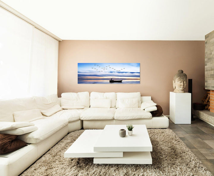 Paul Sinus Art Panoramabild auf Leinwand und Keilrahmen 150x50cm Meer Steg Möwen Fischerboot Morgenr