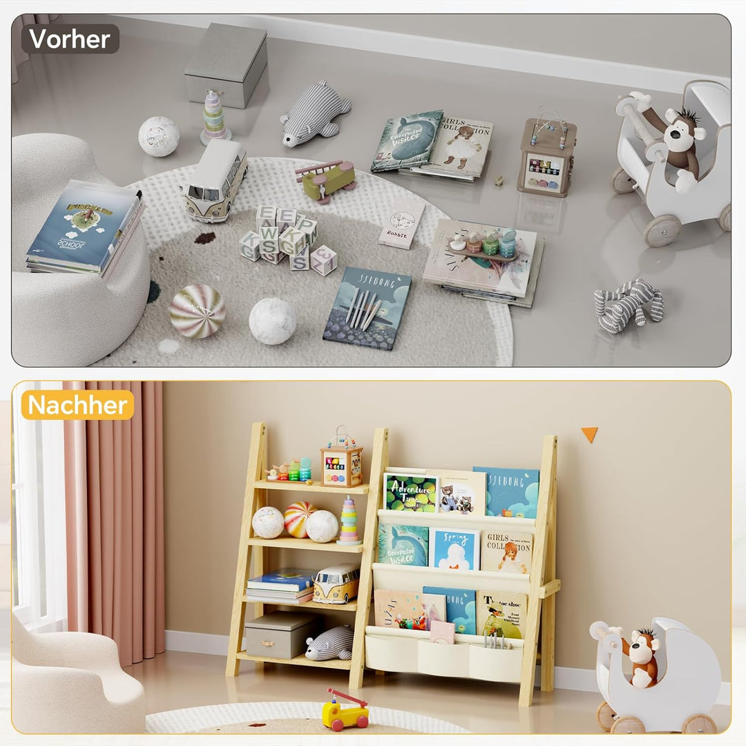 Bücherregal für Kinder, Holz, Vier Etagen Regal für Spielzeug Aufbewahrung, Montessori Bücherregal f