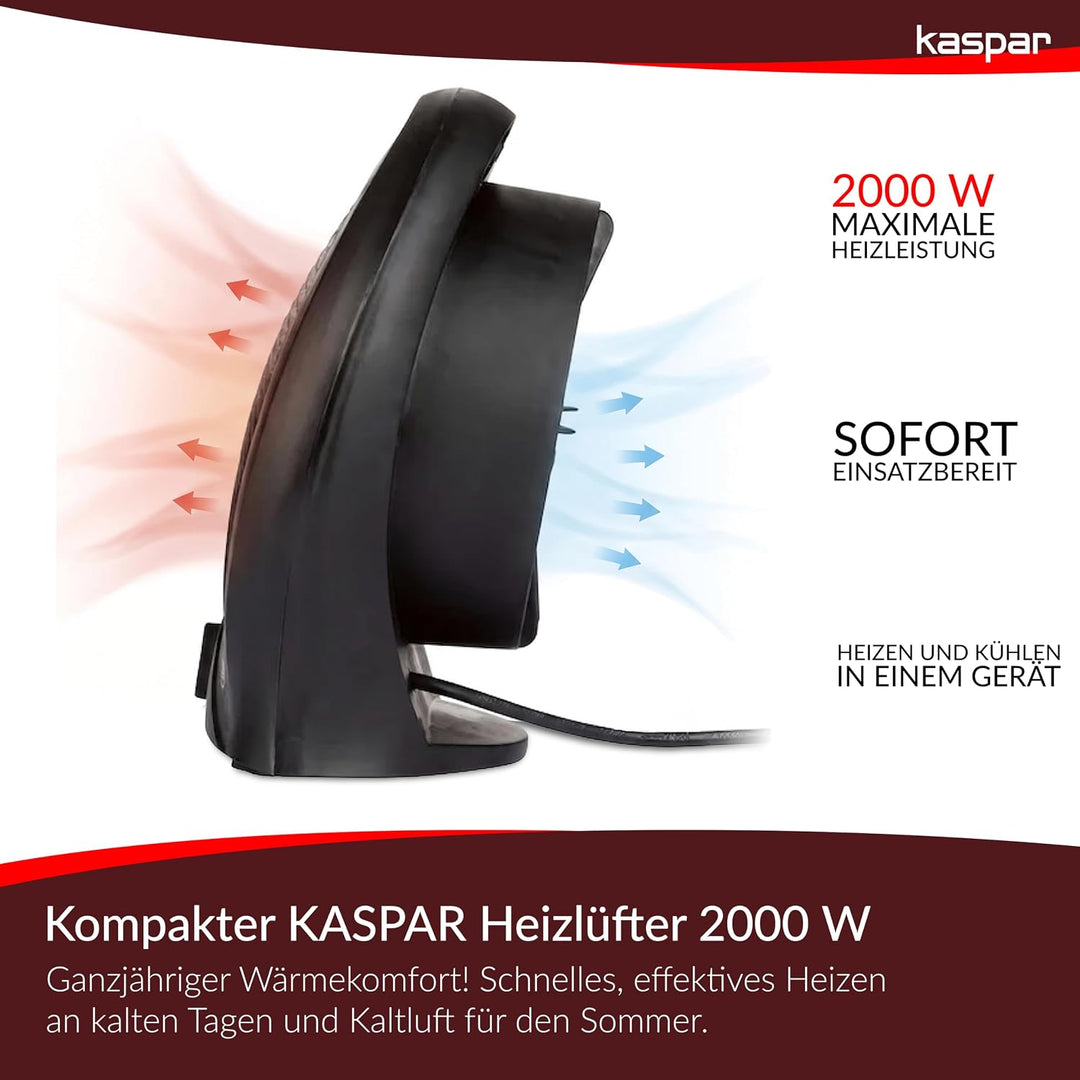 KASPAR Heizlüfter Klein Kompakt Thermoventilator Elektroheizer 1000 W 2000 W Mit Ventilatorfunktion