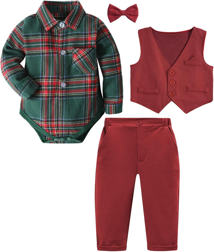 mintgreen Baby Anzug Junge, 3 Stück Formelles Outfit Taufanzug Gentleman Smoking Shirt & Weste + Hos