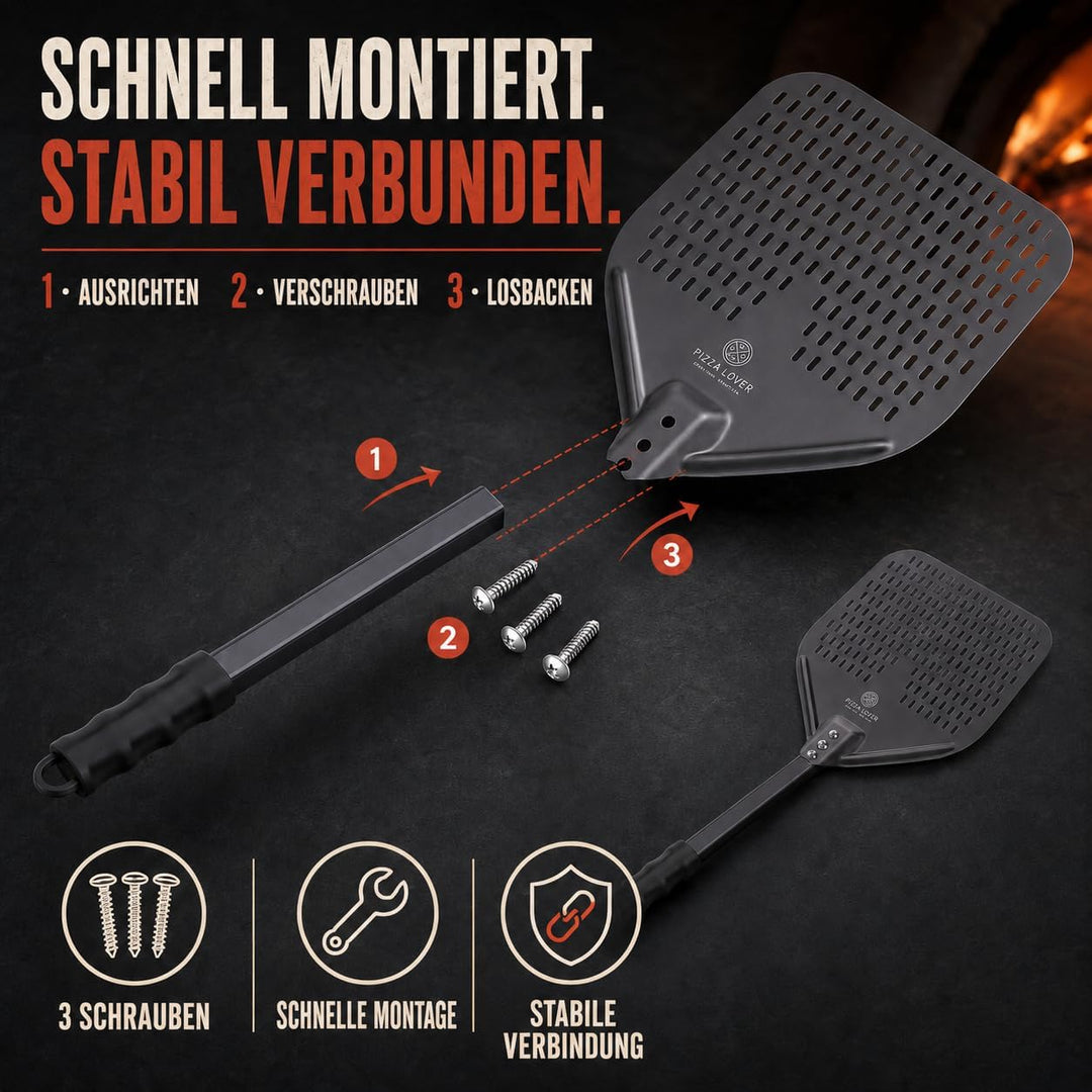 Pizza Lover® hochwertiger Pizzaschieber perforiert 30 x 30 cm Pizzaschaufel aus harteloxiertem Alumi