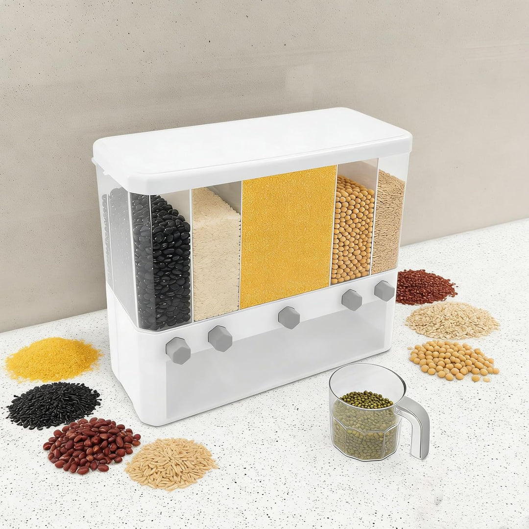 5-Grid Müslispender, 10 L Dry Food Dispenser, 5 In 1 Cornflakes Spender, Reiskornspender Vorratsbehä