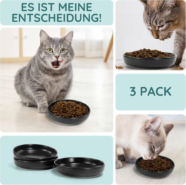 SPUNKYJUNKY Katzennäpfe 3 Stück Futternäpfe Keramik Fressnapf für Katzen (Schwarz) Schwarz Round (30