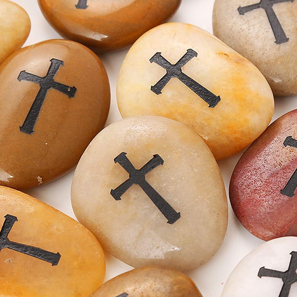 ROCKIMPACT 24 Stück Kreuz Steine mit Kreuz Glück Gravierte Steine Gravur Inspirierende Steine Glücks