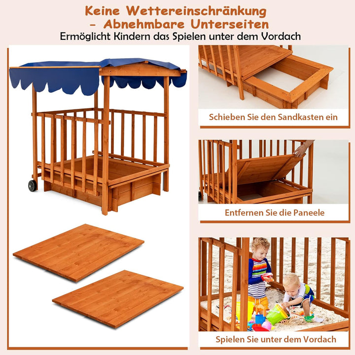 COSTWAY Sandkasten Holz, Spielveranda mit Sandbox, Abdeckung, Dach, Hinterräder, Geländer, rollbarer
