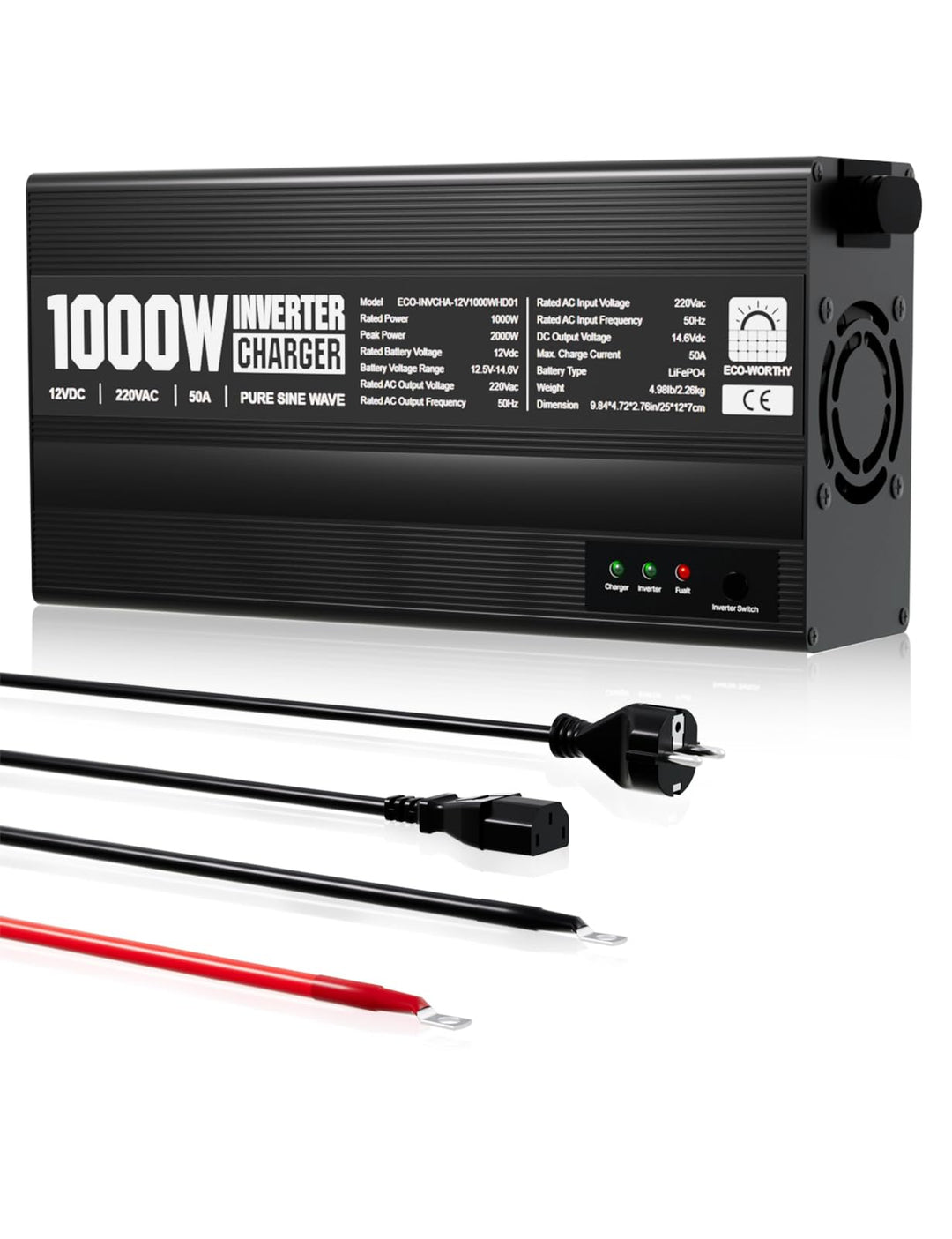 ECO-WORTHY 14,6V 50A LiFePO4 Ladegerät mit 1000W Wechselrichter 12V auf 230V, Netzvorrangschaltung u