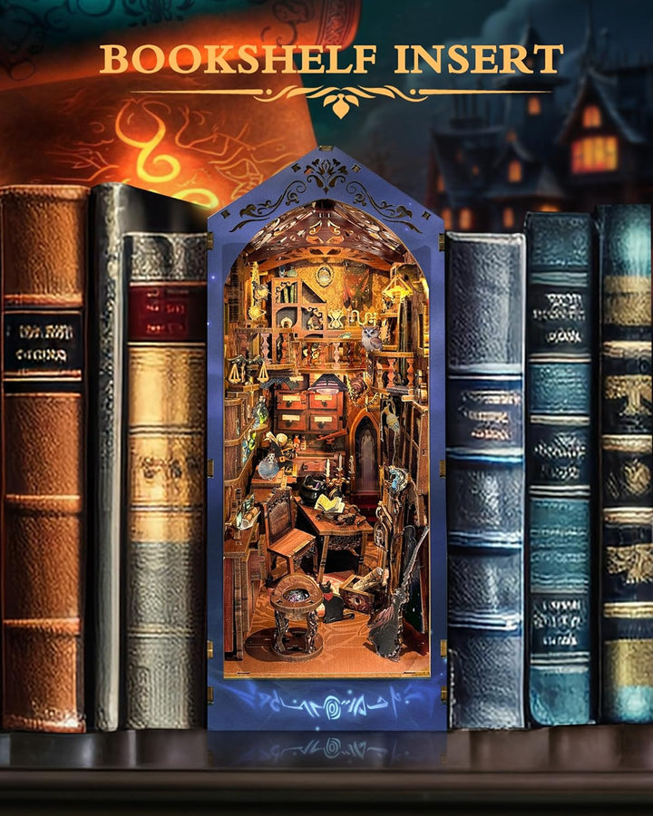 Quanquer DIY Book Nook Kit_mit Staubschutz und LED-Licht 3D hölzerne Nook Book Book Nook Bibliothek_